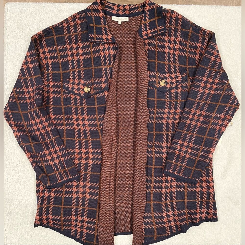 Madison and Hudson Women’s Open Front Cardigan Blue and Orange Plaid size 3X NEW